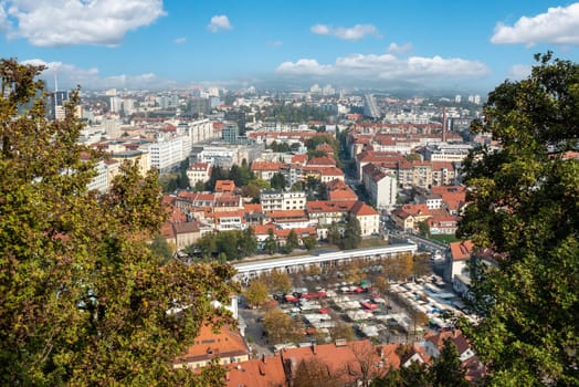 Aerial view over downtown Ljubljana, the Slovenian capital city