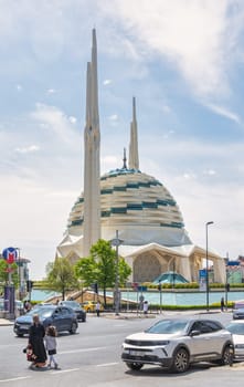 Istanbul, Turkey - May 3 2023: Marmara University Faculty of Theology Mosque, a modern Islamic architecture mosque, located in Uskudar district, Istanbul, Turkey