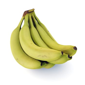 This 3D render illustration features a bunch of ripe yellow bananas isolated on a white background. The realistic depiction highlights the texture, shape, and vibrant color of the bananas, making them visually appealing for various vegan fruits projects.