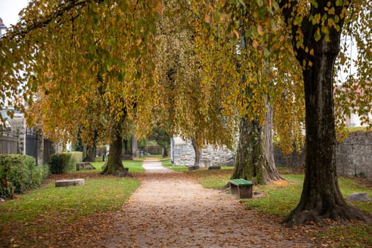Park landscape at the ancient Roman wall in Ljubljana, Slovenia