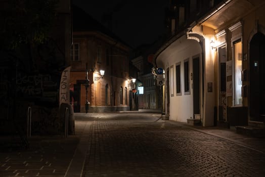 Scenic abandoned alley Trubarjeva in the city center of Ljubljana at night, Slovenia