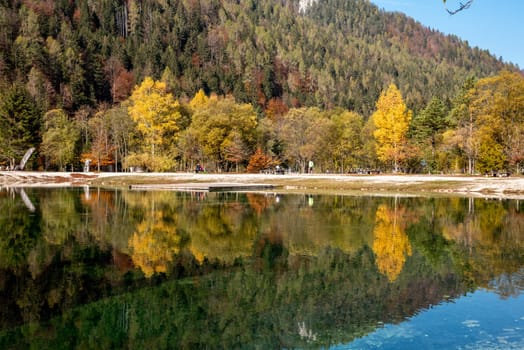 Scenic autumn forest at Crystal Lake in the Julian Alps, Slovenia
