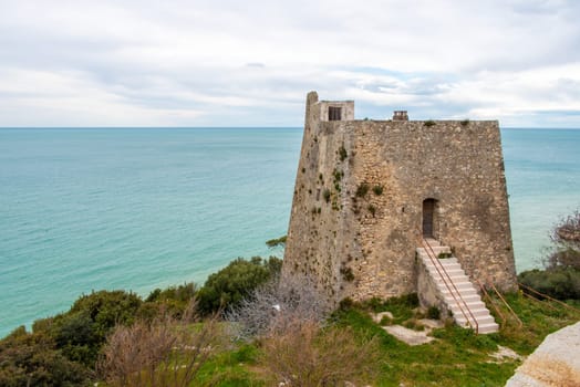 Historic Torre di Monte Pucci, a Saracen signal tower at the coast of Gargano, Southern Italy