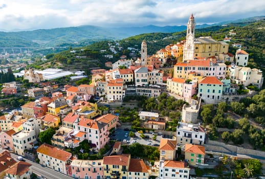Aerial view of the village of Cervo on the Italian Riviera in the province of Imperia, Liguria, Italy