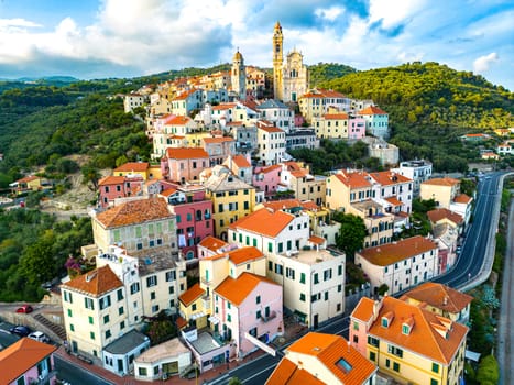Aerial view of the village of Cervo on the Italian Riviera in the province of Imperia, Liguria, Italy