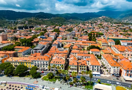 Aerial view of the village of Diano Marina on the Italian Riviera in the province of Imperia, Liguria, Italy