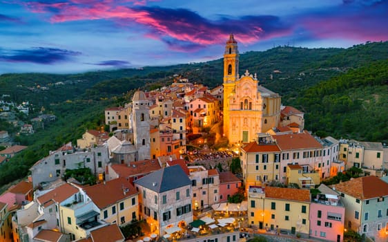 Aerial view of the village of Cervo on the Italian Riviera in the province of Imperia, Liguria, Italy