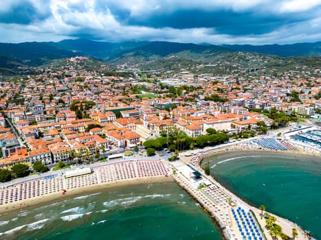 Aerial view of the village of Diano Marina on the Italian Riviera in the province of Imperia, Liguria, Italy