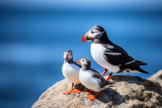 Puffin birds with babies at a coast