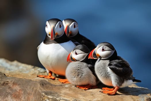 Puffin birds with babies at a coast
