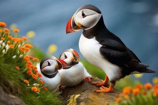Puffin birds with babies at a coast