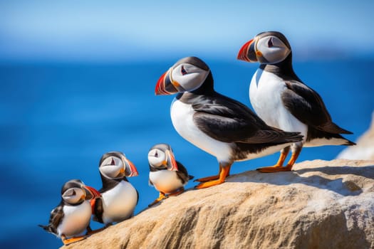 Puffin birds with babies at a coast