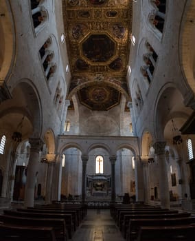 BARI, ITALY - APRIL 29, 2022 - Inside of famous basilica San Nicola in Bari, burial place of Saint Nicholas, Southern Italy
