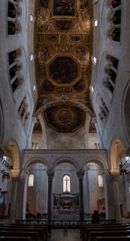 BARI, ITALY - APRIL 29, 2022 - Inside of famous basilica San Nicola in Bari, burial place of Saint Nicholas, Southern Italy