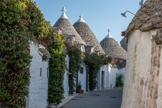 Iconic residential houses in the historic Trulli district in Alberobello, Italy