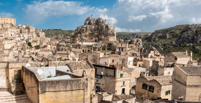 View of historic cavern basilica San Pietro in Monte Errone in historic downtown Matera, Southern Italy