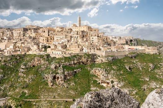 Scenic view of historic downtown Matera and its cathedral, Italy