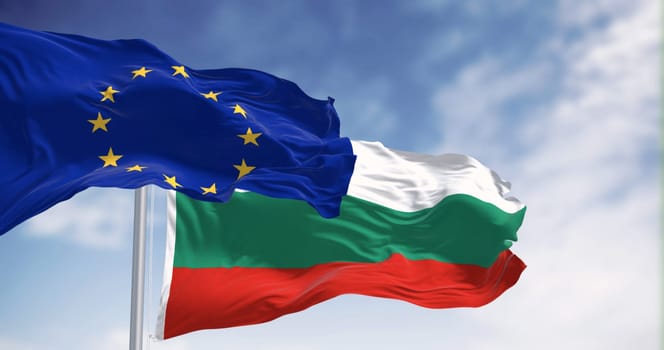 The flags of Bulgaria and the European Union waving in the wind on a clear day. Bulgaria became a member of the EU in January 2007. 3d illustration render. Fluttering textile