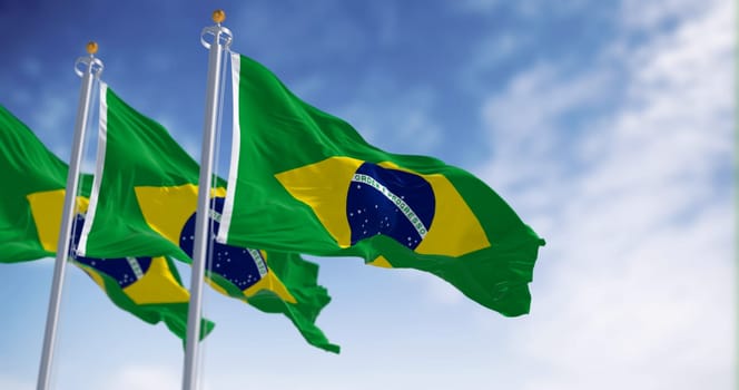 Three Brazil national flags waving on a clear day. Yellow diamond on green field with blue circle of 27 white, five-pointed stars. South American country. 3d illustration render. Fluttering fabric.