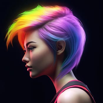 A beautiful girl with rainbow hair on black background - 3D illustration - AI Generated