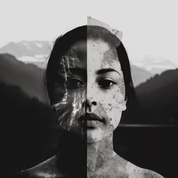 Black and white portrait of a young woman in the mountains - collage - AI Generated