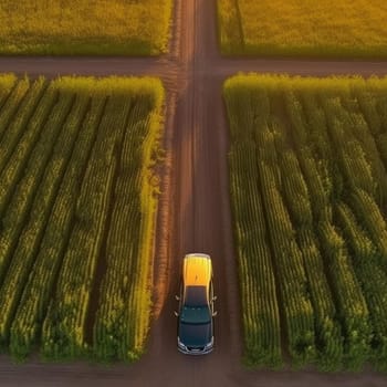 Aerial view of a car driving through the middle of a field - AI Generated