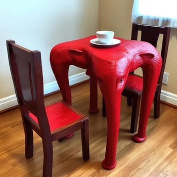 Wooden chairs and a cup of coffee on a red table in a room - AI Generated