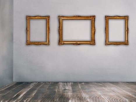 Luxury golden picture frames on rustic walls in vintage empty room. Retro interior design.