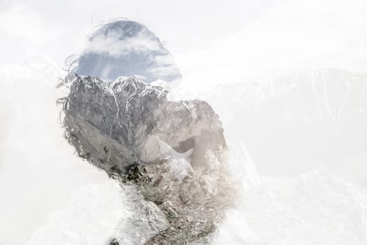 Double exposure with young woman and mountains. Female portrait and natural landscape background.