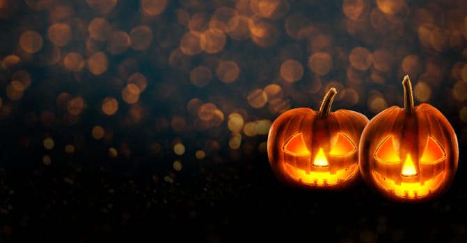 Halloween background wallpaper with jack o lantern scary pumpkins on bokeh candle light. Halloween party invitation design layout. Spooky halloween poster.