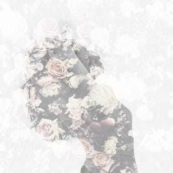 Double exposure with female portrait and vintage flower pattern. Beauty and femininity concept. Beautiful happy woman and floral background design.