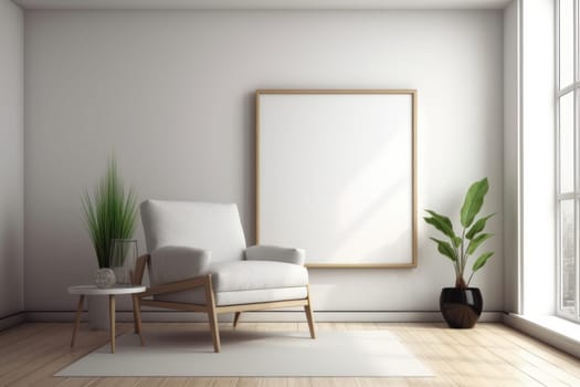 This minimalist chair and table set in a spacious, comfortable room boasts Scandinavian design elements. AI Generative.
