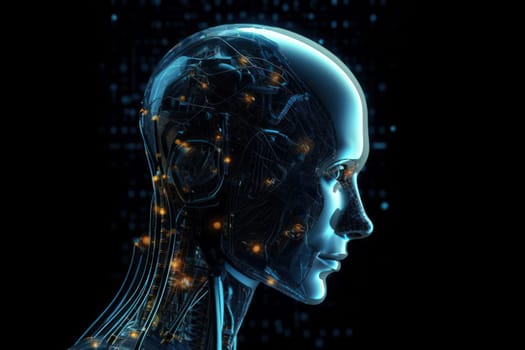 A metallic female cyborg head with glowing eyes and digital brain, representing AI and big data processing. Futuristic technology concept. AI Generative.