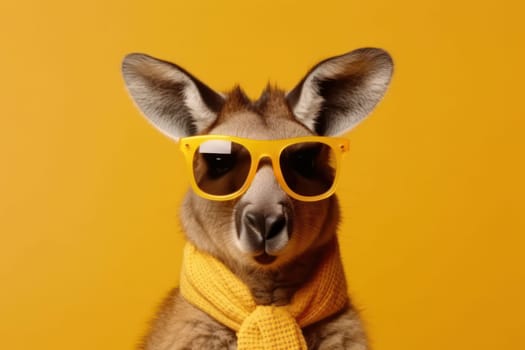 Kangaroo sporting trendy sunglasses and scarf strikes a pose with wild personality, showcasing Australia's unique wildlife. AI Generative.