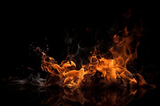 A powerful fire burns on a black background, creating an ominous and dangerous atmosphere. Great for adding drama to your designs. AI Generative.