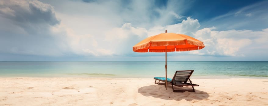 A luxurious beachside paradise - beach chairs and an umbrella on a white sand beach with crystal-clear blue waters and a cloudy sky. Perfect for travel and resort concepts. AI Generative.