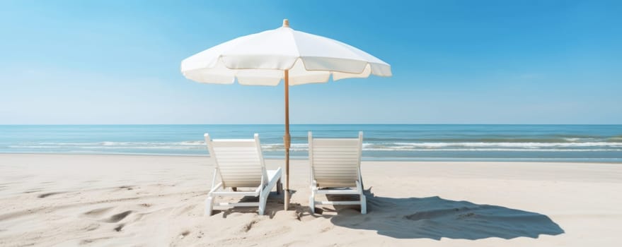 Enjoy the beauty of the coastline with two beach chairs and umbrellas on the sandy shore overlooking the ocean, the perfect spot for a holiday. AI Generative