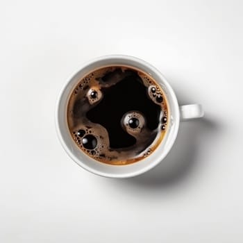 A freshly brewed cup of coffee with foam and a saucer, isolated on a white background, seen from above. AI Generative.