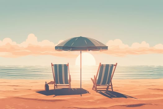 A perfect day on the beach with comfortable lounge chairs and an umbrella, set against a backdrop of clear blue sky and tranquil sea, AI Generative.