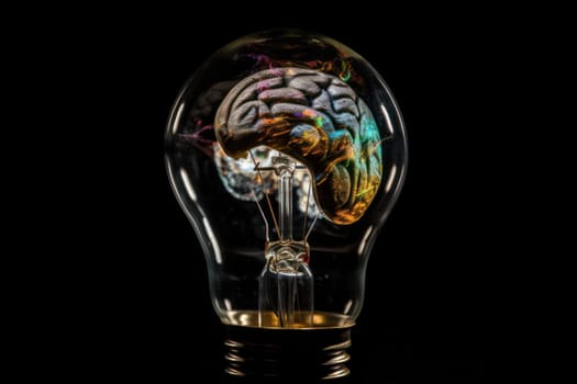 Brain-shaped light bulb with bright filament glow represents power of knowledge and the human intellect. A perfect design for scientific and educational concepts. AI Generative, Think idea concept