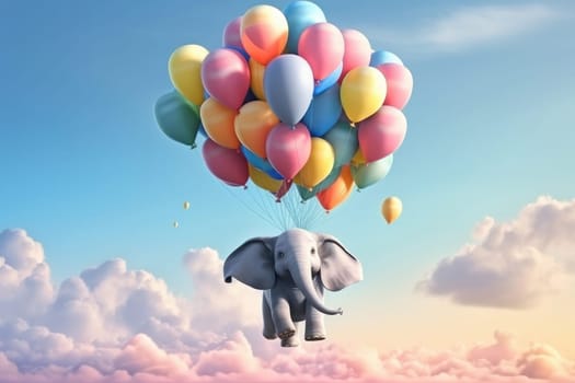 Enter a world of fantasy and adventure with this surreal and whimsical scene of an elephant floating with balloons in the sky. This joyful and imaginative picture is AI Generative.