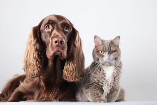 A heartwarming moment of furry love and trust between a dog and cat, as they sit together with peaceful expressions. - AI Generative