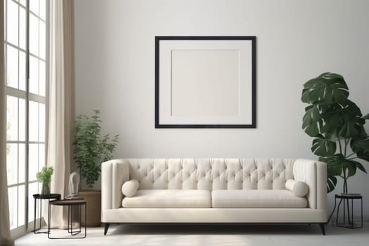 Relaxing in a serene living room with a cozy white couch and natural light pouring in through the window. Perfect for unwinding after a long day. AI Generative.