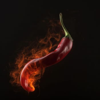 Spicy red hot pepper ignites on black background, flames blazing in a fiery culinary explosion - a feast for the eyes and taste buds. This image is AI Generative.