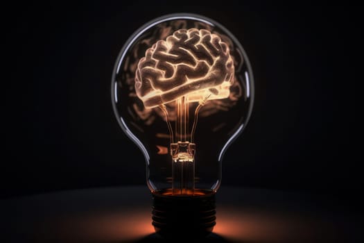 A conceptual light bulb with a glowing brain inside symbolizes the power of cognitive awareness and mental fitness, perfect for technology, science, and innovation themes. This is AI Generative.