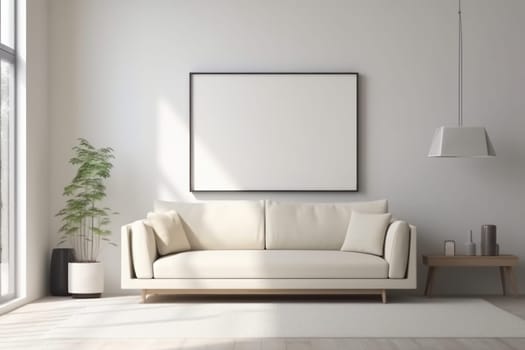 This modern living room features a comfortable white couch, clean lines, and natural light for a bright and refreshing atmosphere. AI Generative.