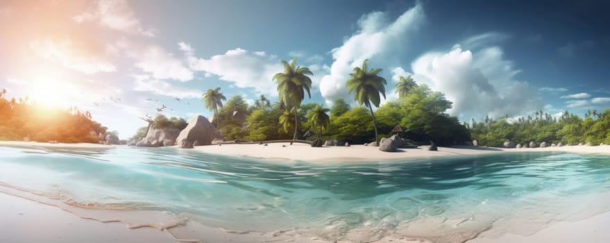 Tropical paradise awaits a beach with palm trees and rocky cliffs, set against a clear blue ocean. AI generative nature in all its glory.