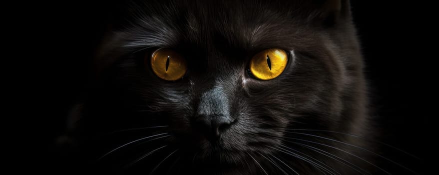 A close-up portrait of a mesmerizing black cat with yellow eyes, creating an air of mystery and suspense. Is AI Generative.