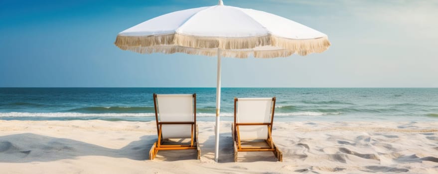 Escape to paradise and unwind in two beach chairs under umbrellas overlooking the ocean is AI Generative.
