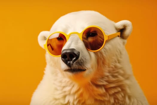 Stylish polar bear in shades, standing out against a yellow background, a must-have for any fashion-forward collection. AI Generative.